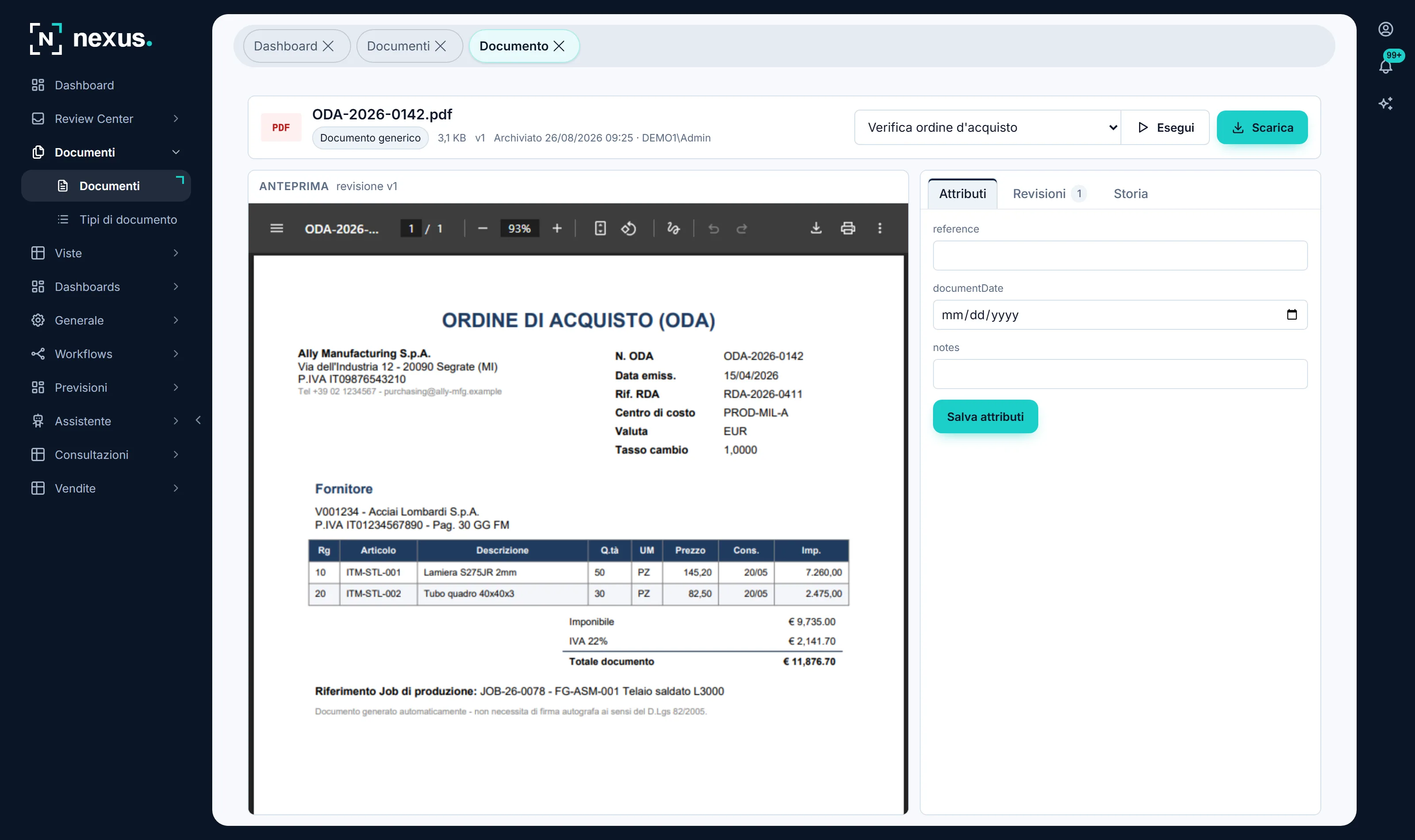 La scheda di un documento archiviato: accanto a <em>Scarica</em>, la tendina dei processi che accettano quel documento e il pulsante per avviarlo.
